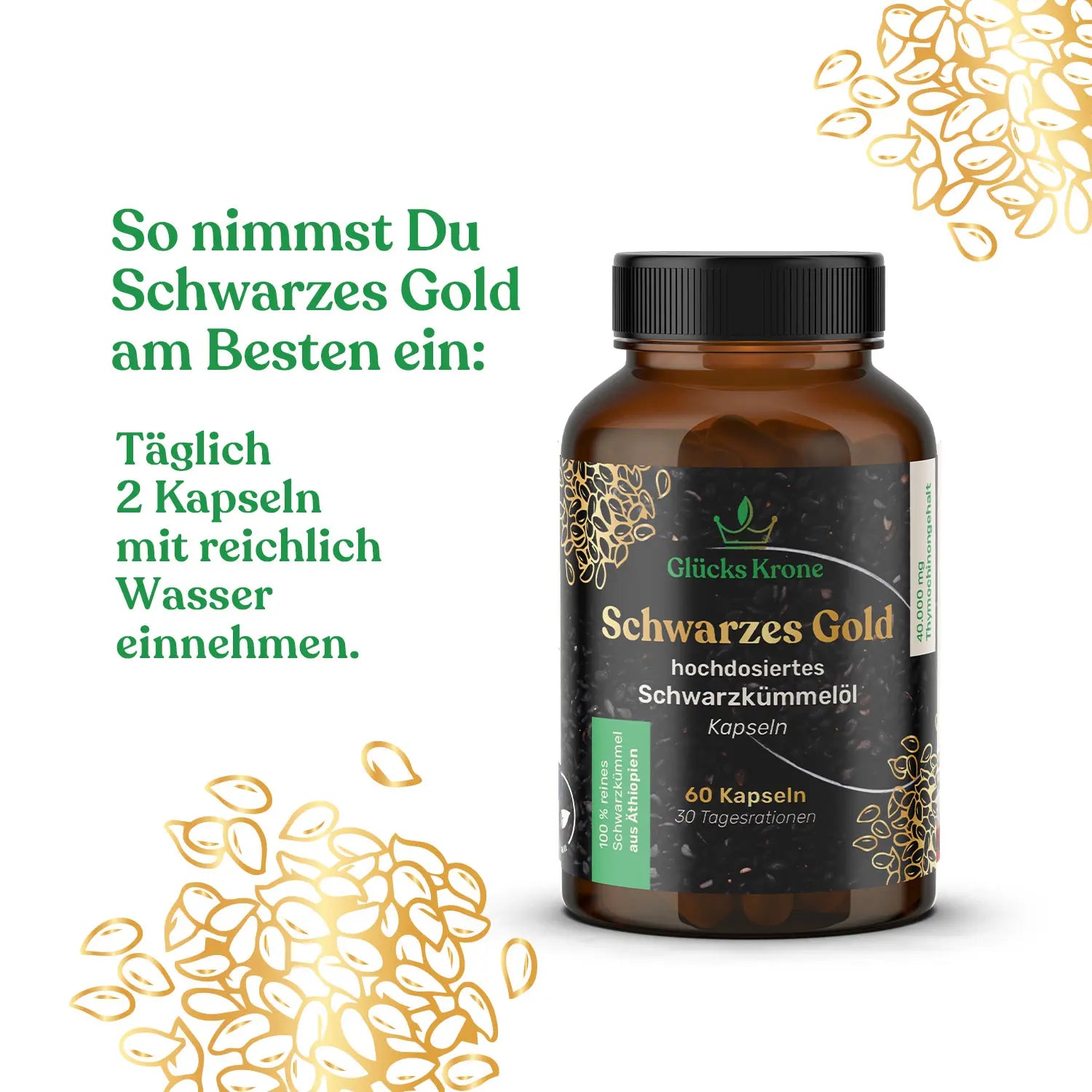 Schwarzes Gold - Schwarzkümmelöl 22.000 mg/kg Thymochinongehalt - 60 Kapseln