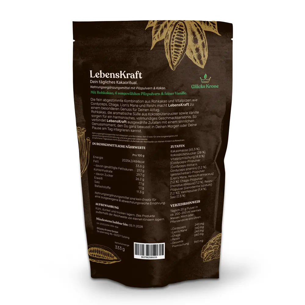 LebensKraft - Rohkakao mit 4 Pilzpulvern & Vanille - 333g