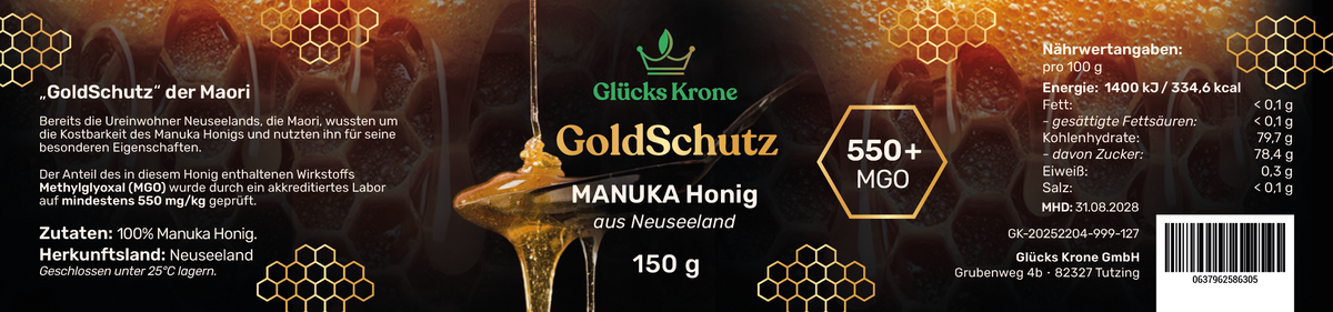 GoldSchutz - Premium Manuka Honig - 550+ MGO - 150 g - aus Neuseeland