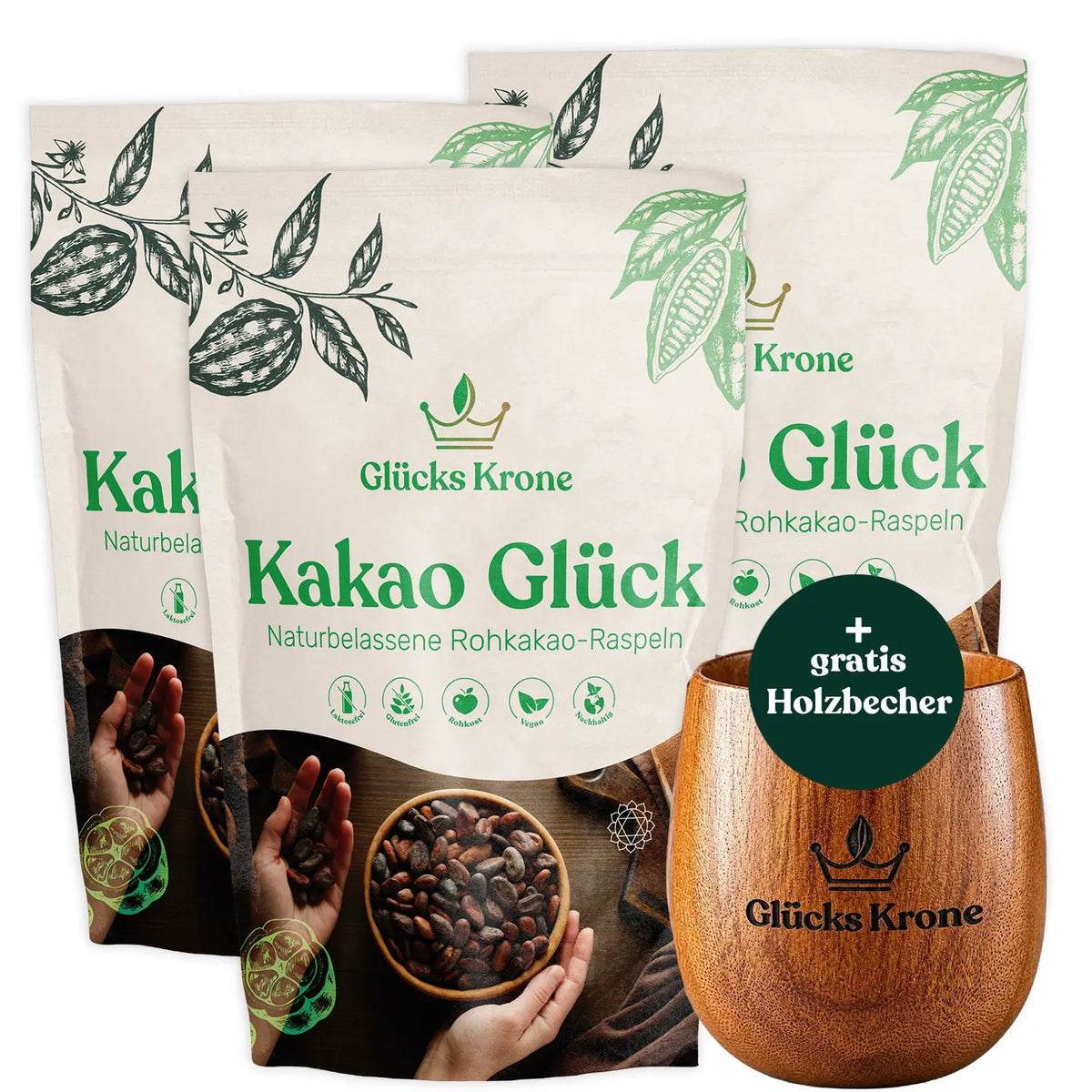 Bio Kakao Glück Bundle (3x250g) + Akazienholz-Becher