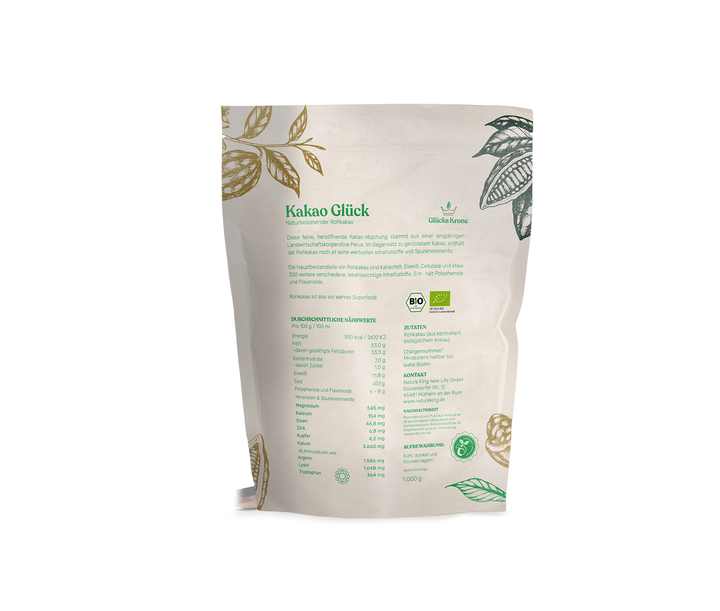Bio Kakao Glück 1 kg (100% Bio Roh Kakao)