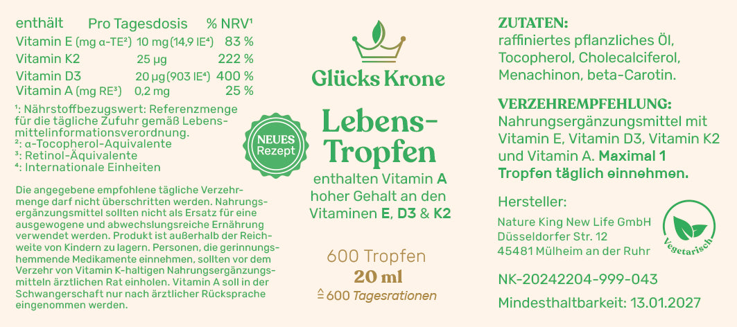 Lebens-Tropfen 1.000 IE (D, E, K, A) - 20ml - für Erwachsene & Kinder