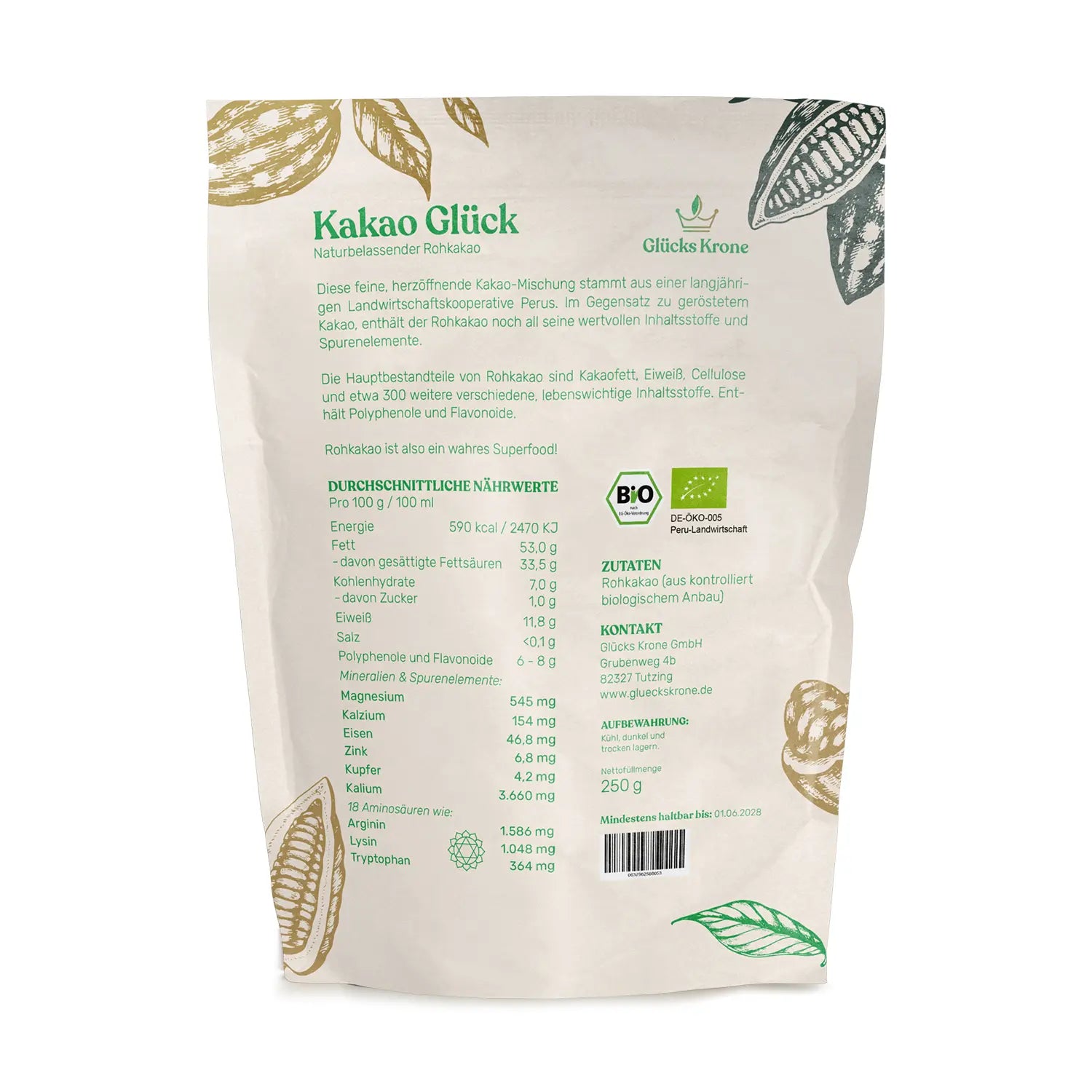 Bio Kakao Glück (100% Bio Roh Kakao) - 250g