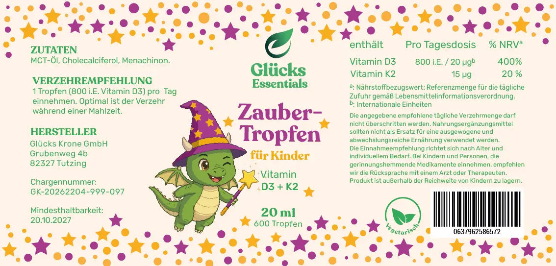 ZauberTropfen + gratis glücksi Buch - Vitamin D3 + K2 für Kinder - 20 ml