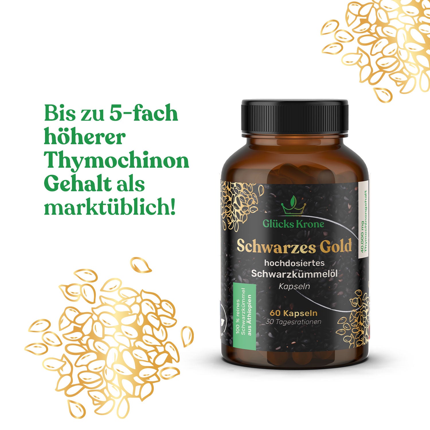 Schwarzes Gold - Schwarzkümmelöl 22.000 mg/kg Thymochinongehalt - 60 Kapseln