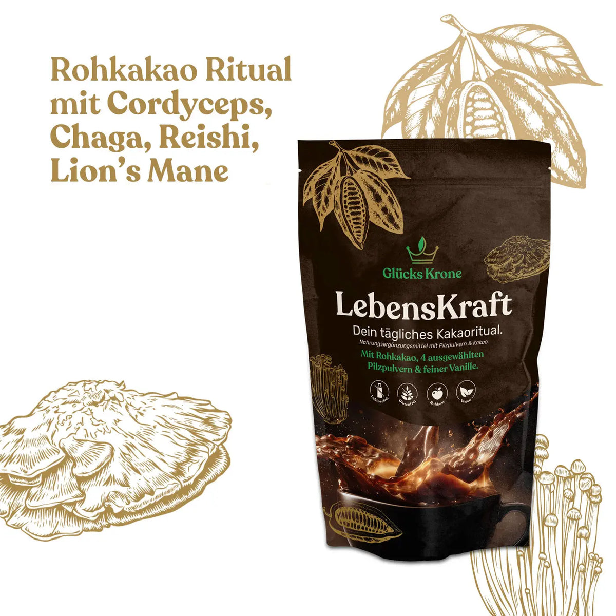 LebensKraft - Rohkakao mit 4 Pilzpulvern & Vanille  - 333g