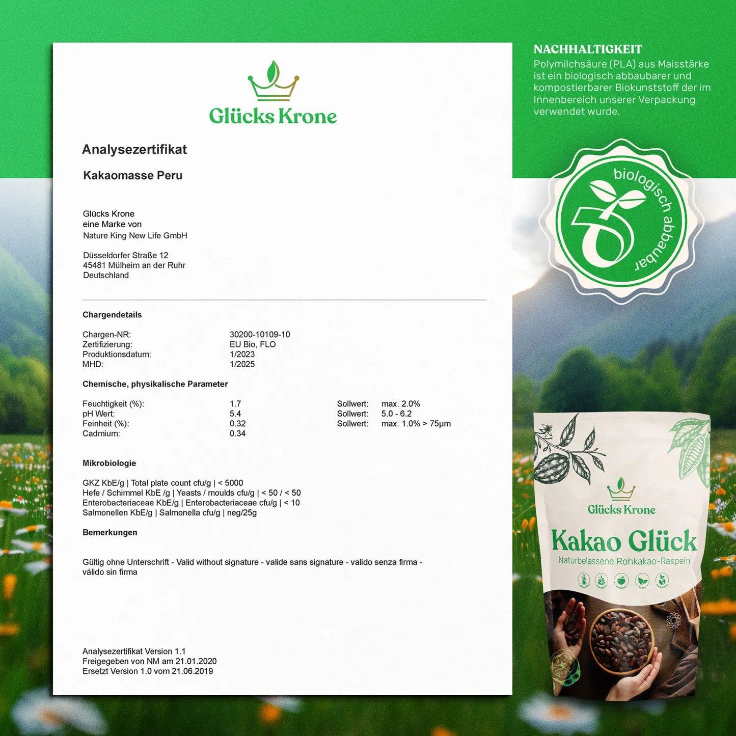 Bio Kakao Glück 1 kg (100% Bio Roh Kakao)