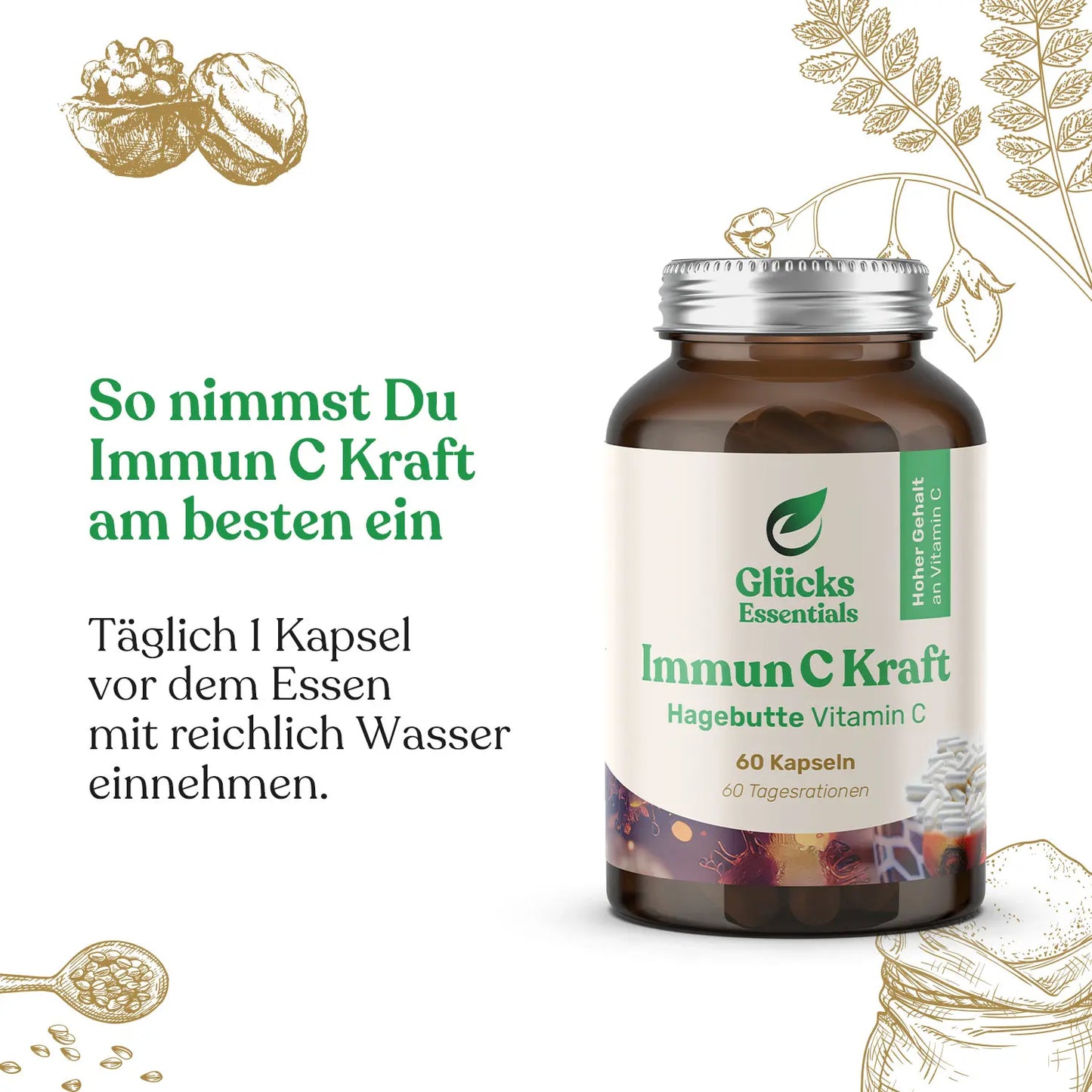 Immun C Kraft - Vitamin C aus Hagebutte - 60 Kapseln