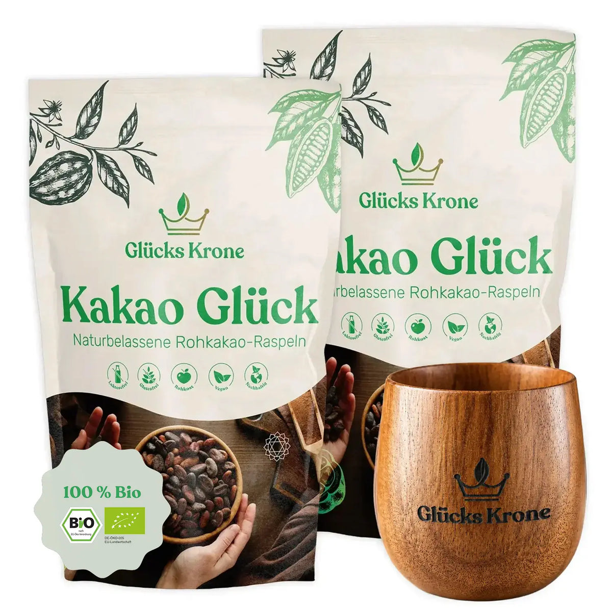 Bio Kakao Glück Bundle (2x250g) + Akazienholz-Becher