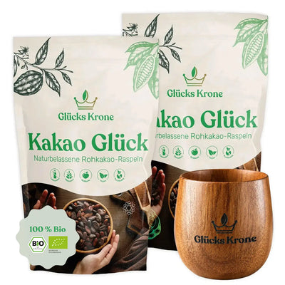 Bio Kakao Glück Bundle (2x250g) + Akazienholz-Becher