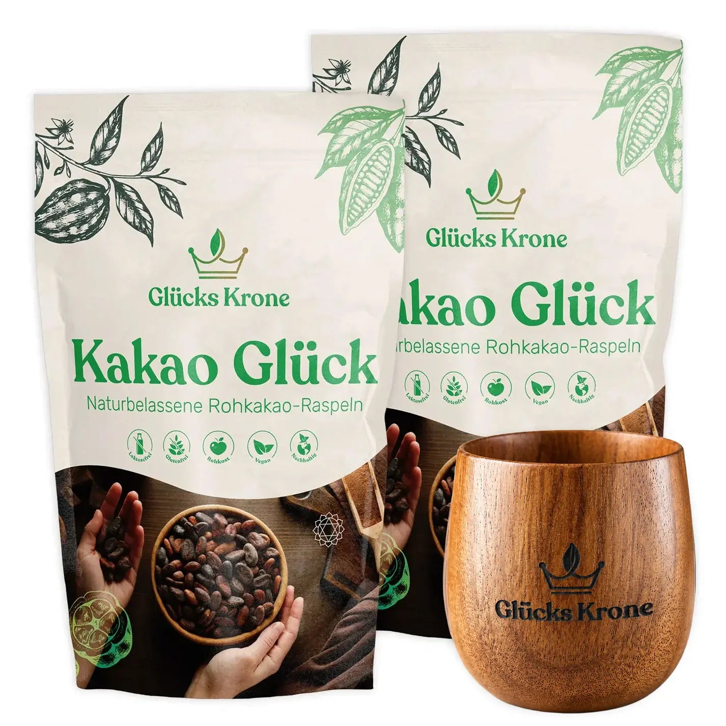 Bio Kakao Glück Bundle (2x250g) + Akazienholz-Becher